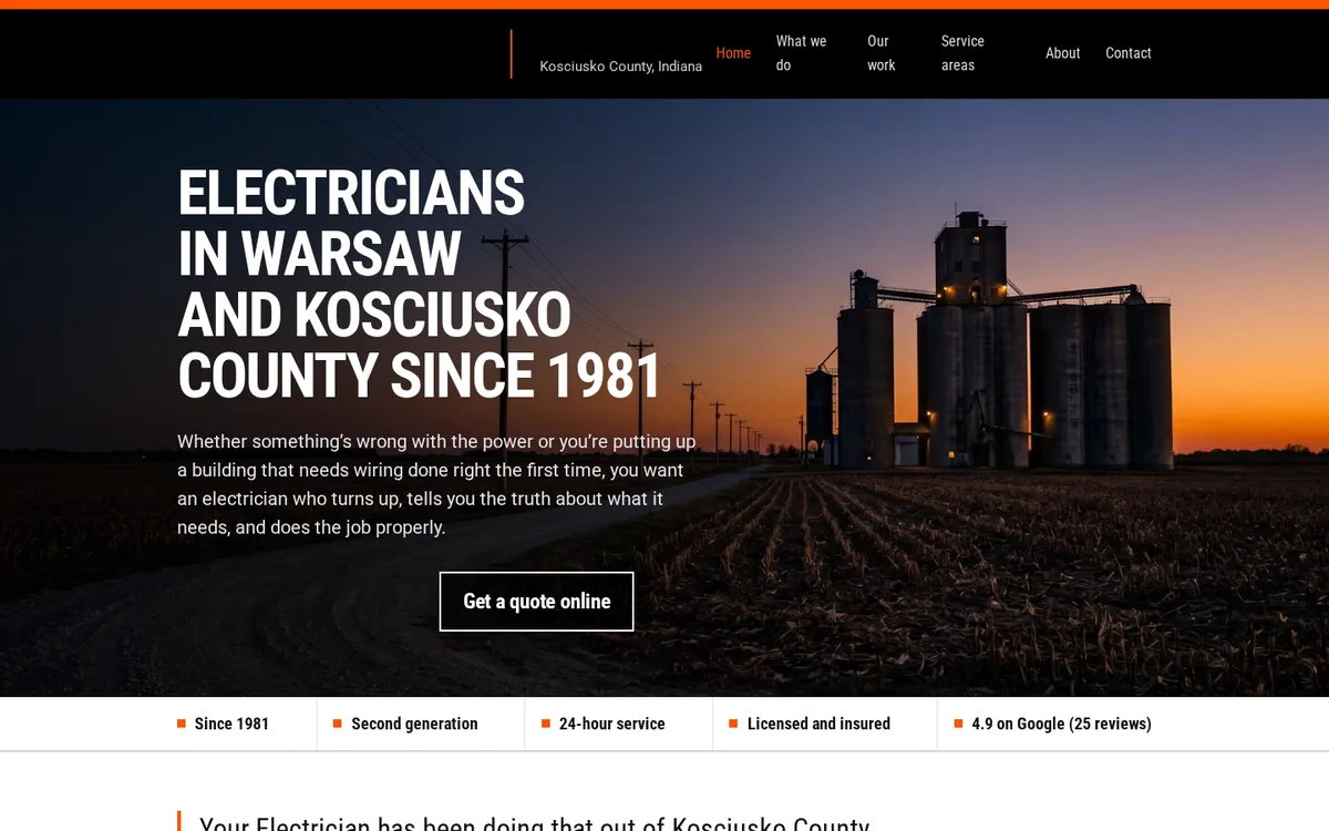 Homepage of an electrical contractor website built for local SEO and AI search.